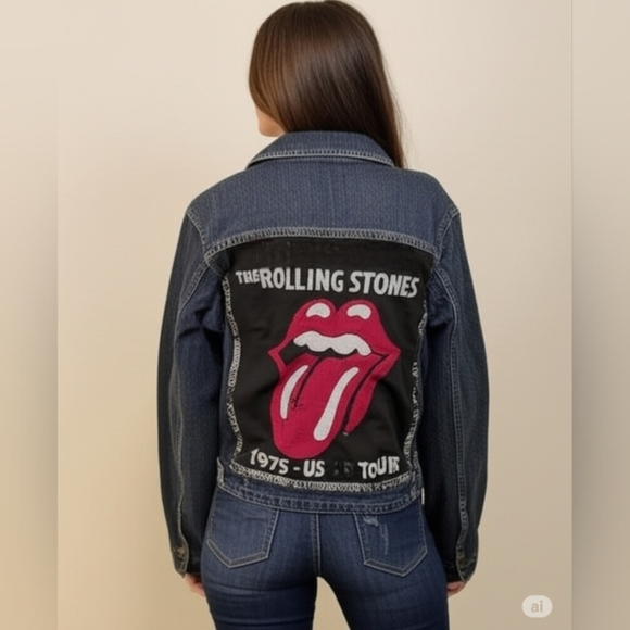 Blue Jean Jacket with Iconic Rolling Stones Design Upcycled EUC - Picture 1 of 13